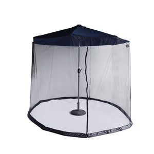 Island Umbrella Bug Screen - mesh screen hung around an open navy market umbrella