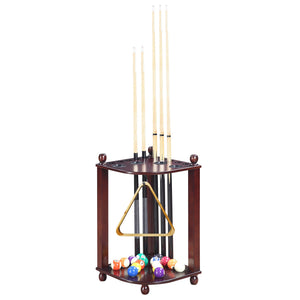 Hathaway Regent Corner Cue Rack - loaded with six cues, the triangle rack and full ball set