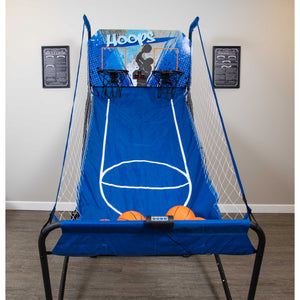 Hathaway Hoops Dual Basketball Arcade - full unit head on with both hoops, ramp and ball rack