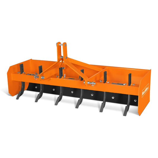 MechMaxx box blade, one of the best attachments for a compact tractor, mounted on a 3-point hitch