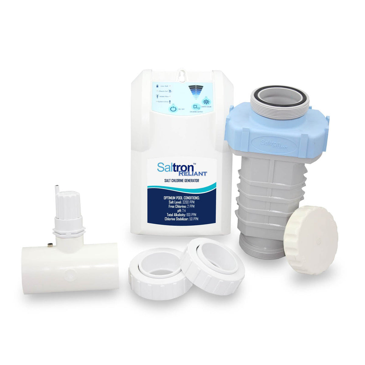 Solaxx Saltron Reliant salt chlorine generator kit with cell, control box and plumbing fittings