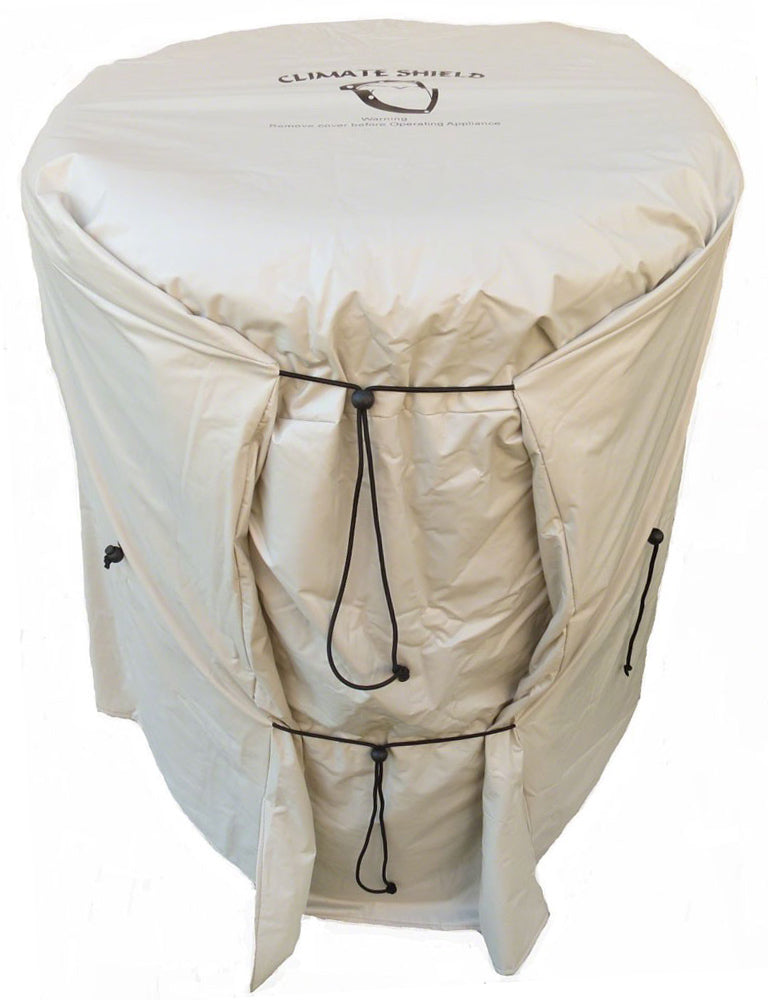 Climate Shield OSCS-HPC heat pump cover fitted over a heat pump, front view