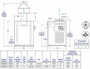 Raypak R408A pool heater dimension drawing and specification table with shipping weight