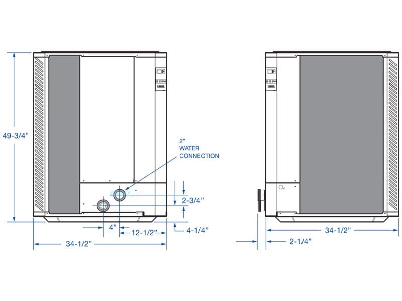 Raypak Professional Series pool heat pump dimension drawing with cabinet height and width
