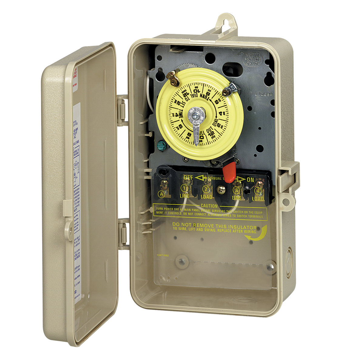 Intermatic T104P3 24-hour pool timer in outdoor plastic enclosure, door open, three-quarter view
