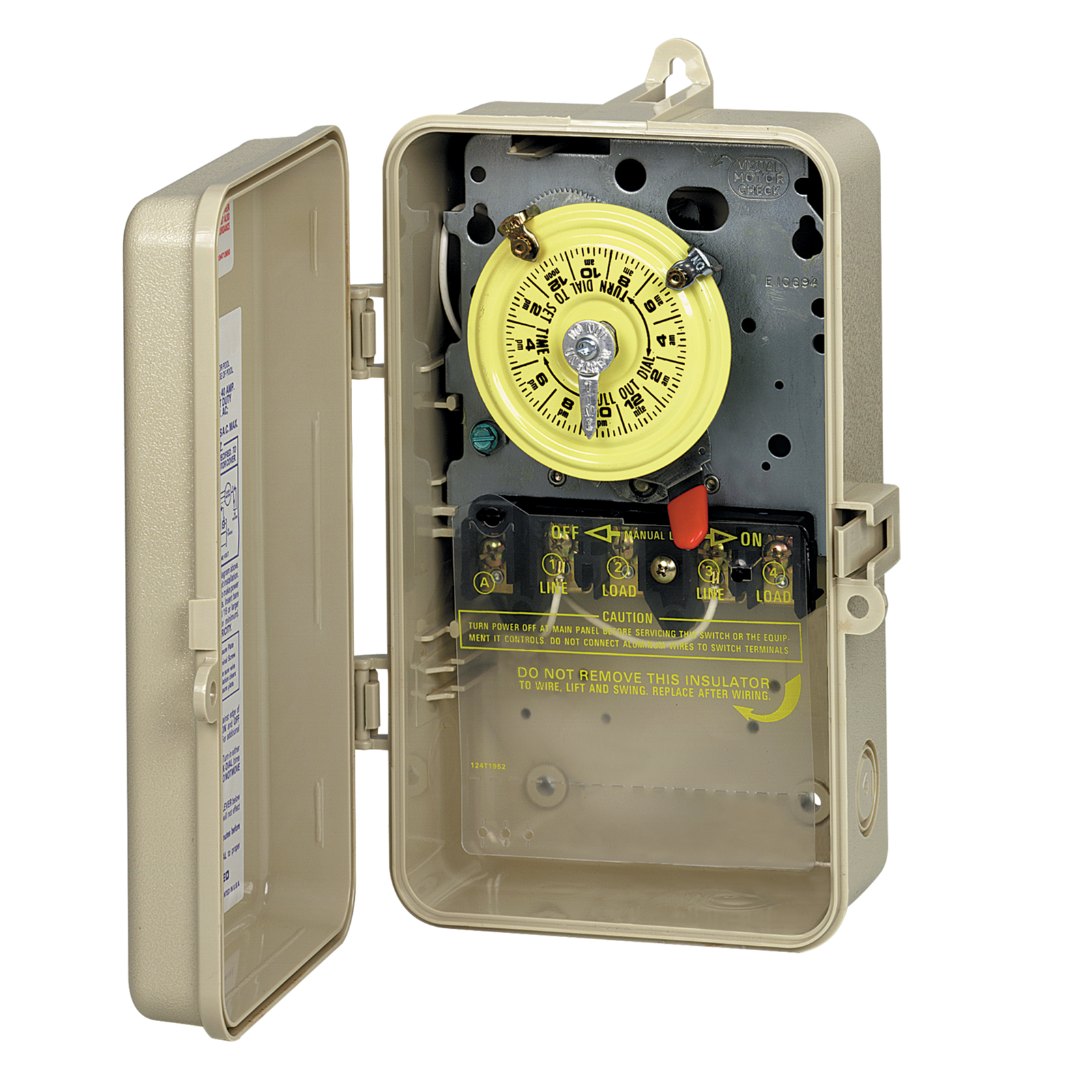 Intermatic T104P3 24-hour pool timer in outdoor plastic enclosure, door open, three-quarter view
