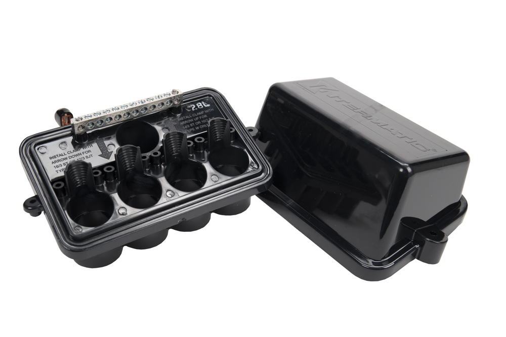 Intermatic PJB4175 junction box with lid beside it, showing ground bar and cord hubs