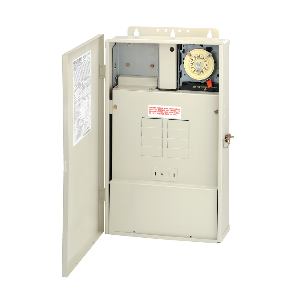 Intermatic T40004RT3 load center with T104M timer and transformer, door open