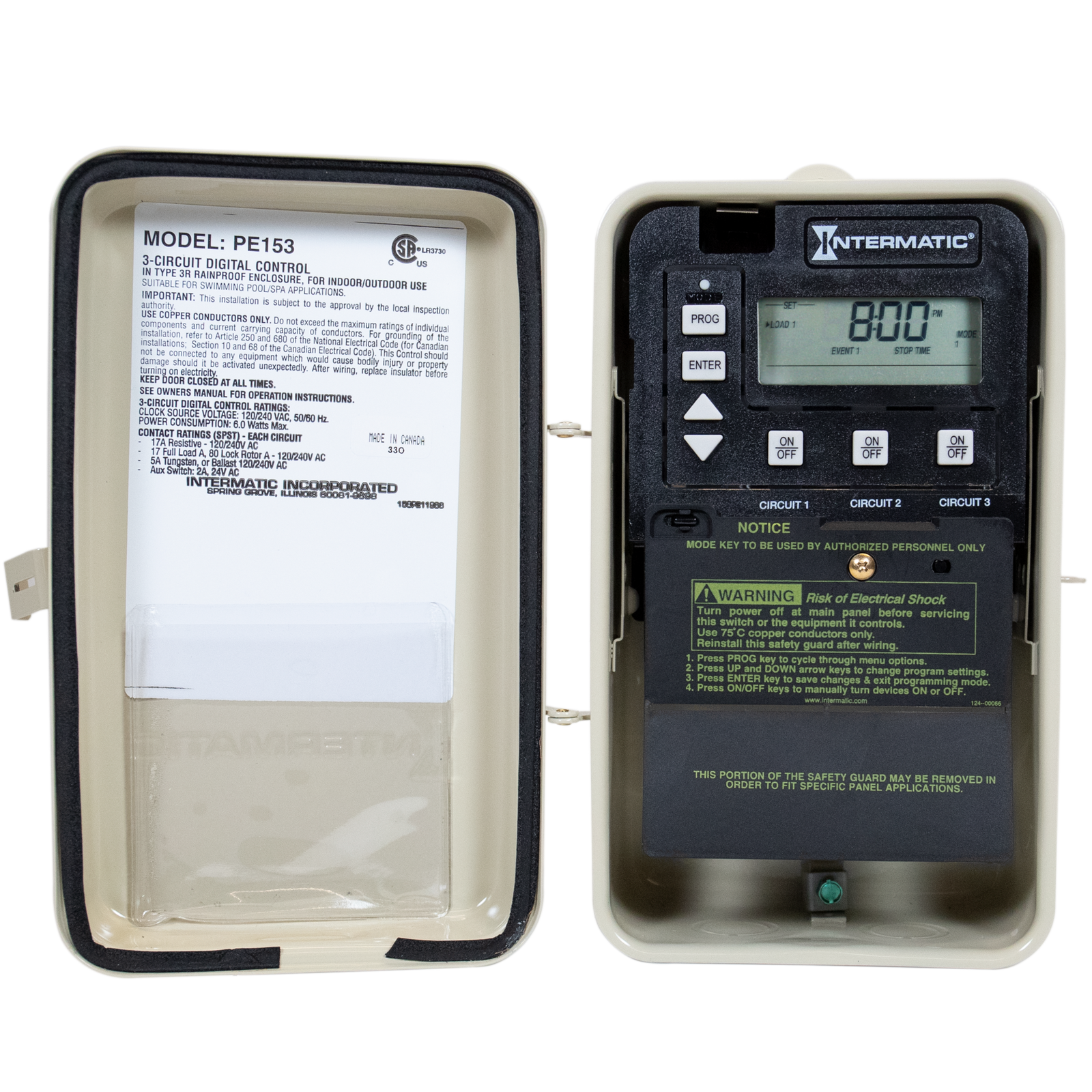 Intermatic PE153 3-circuit digital pool timer, door open beside cover, front view