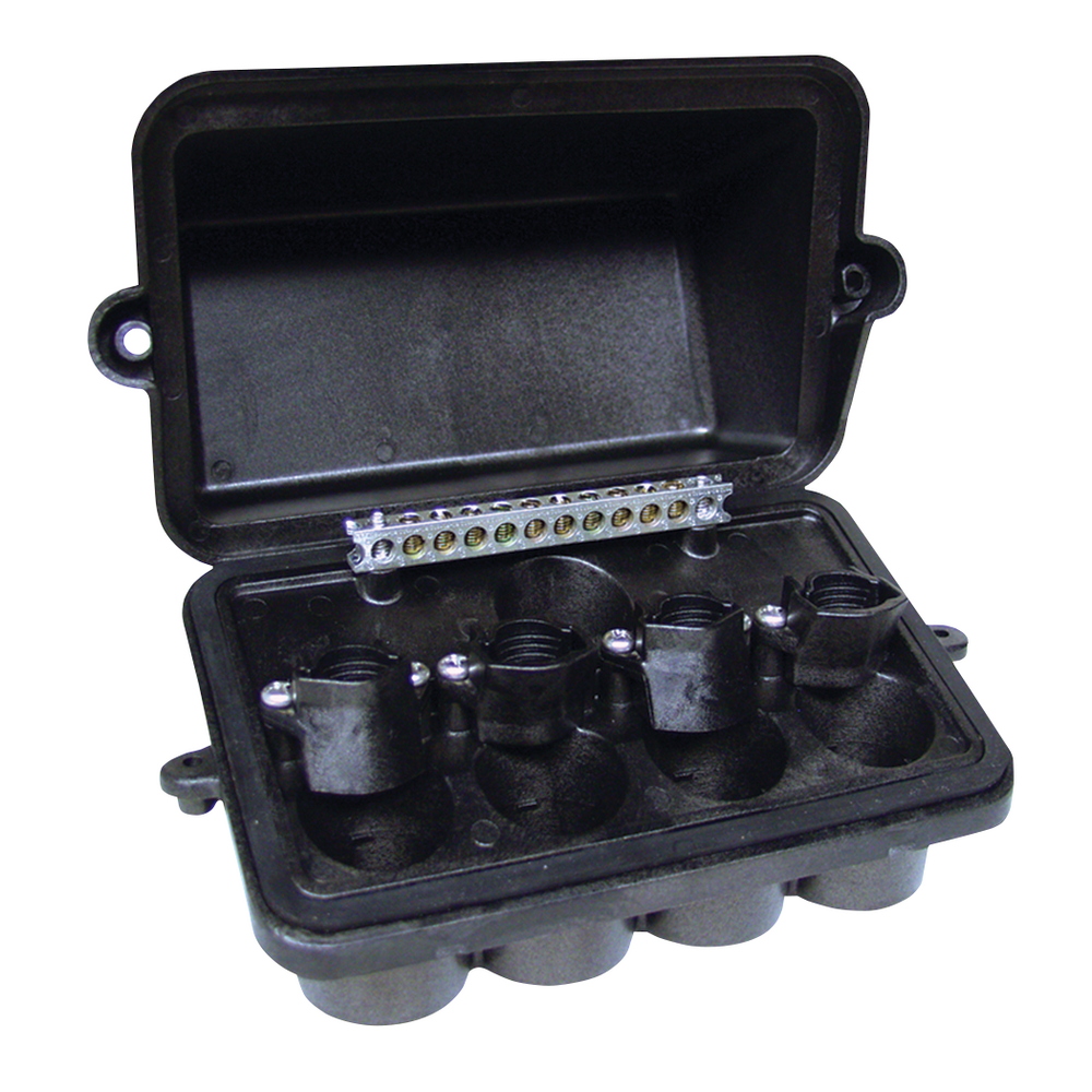 Intermatic PJB4175 4-light pool and spa junction box, lid open, front three-quarter view