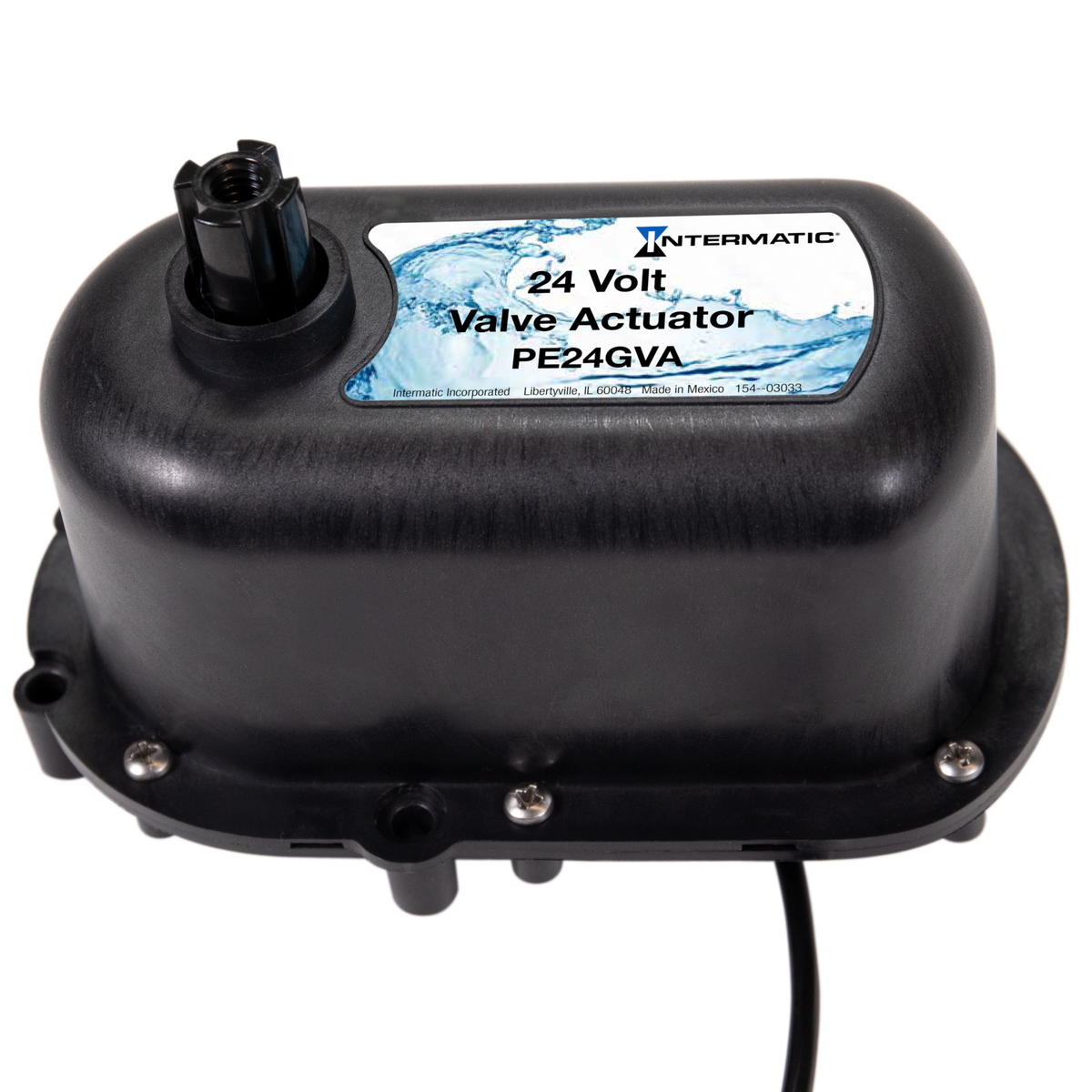 Intermatic PE24GVA 24 volt valve actuator, three-quarter view