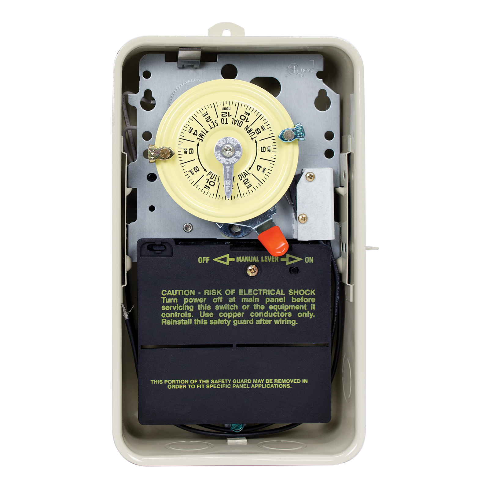 Intermatic T104R201 time switch with heater protection, door open, front view