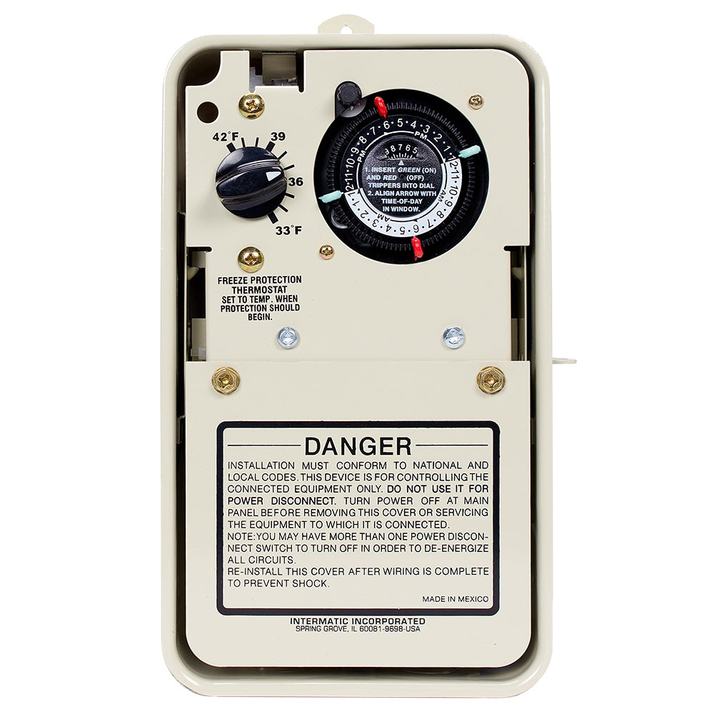 Intermatic PF1102T freeze protection timer with thermostat, door open, front view