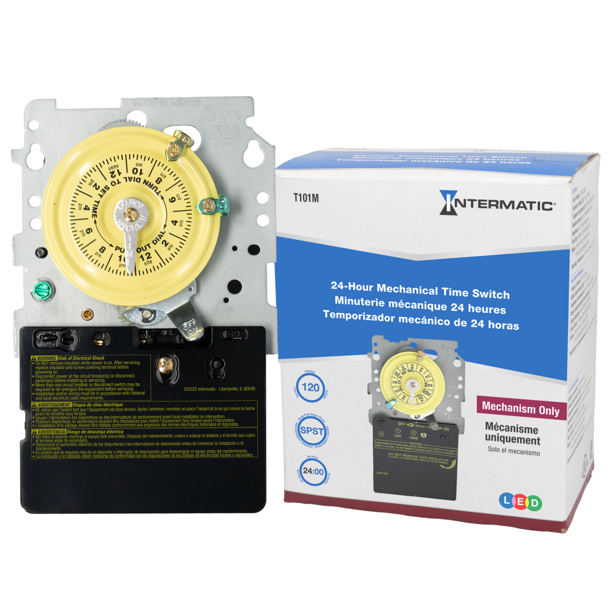 Intermatic T101M mechanism shown with its retail box