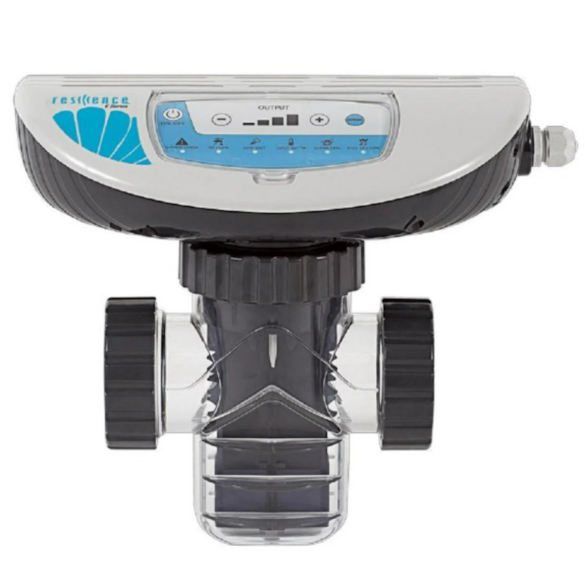 Solaxx Resilience E40 all-in-one salt chlorine generator, front view of the control head and cell