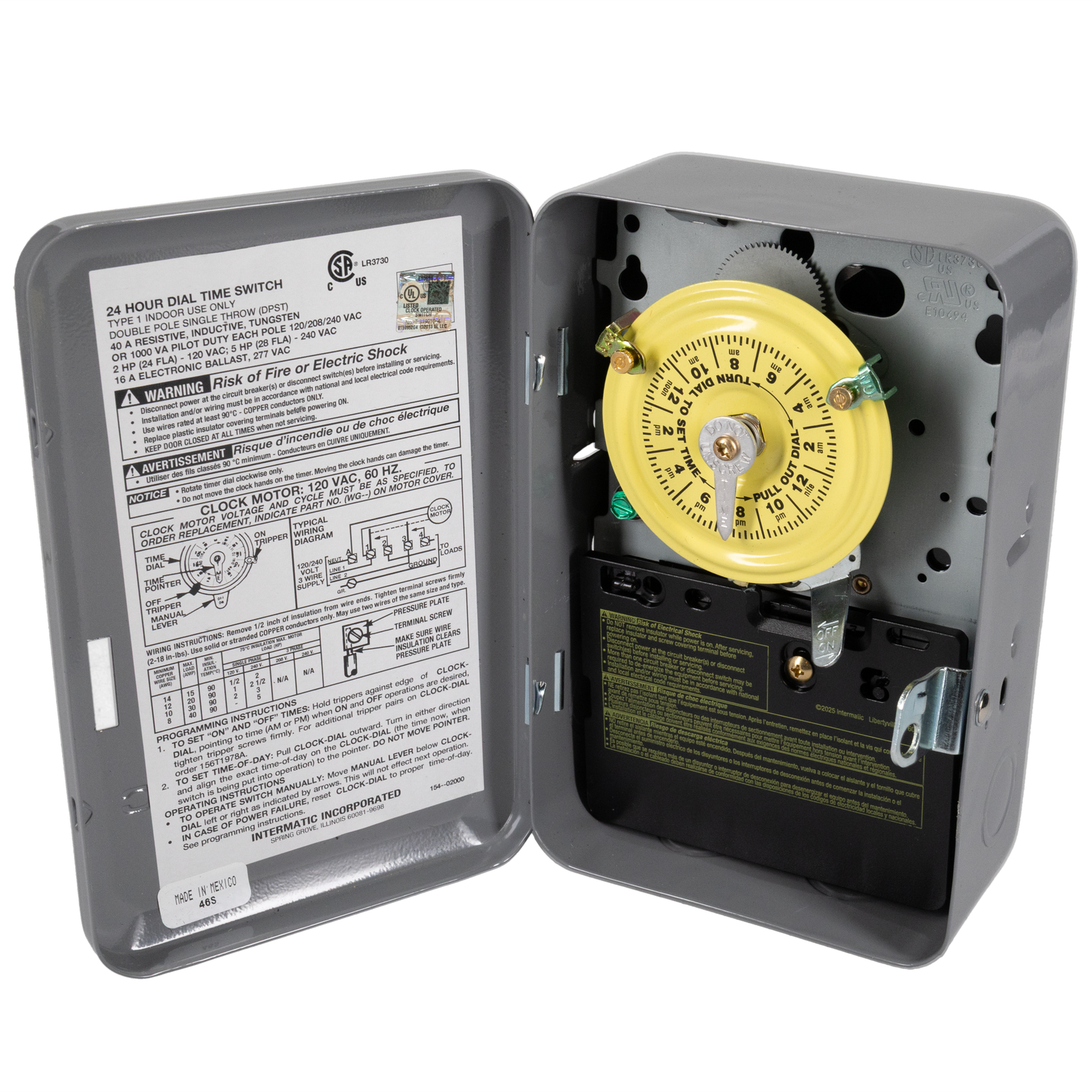 Intermatic T101 24-hour time switch in indoor metal enclosure, door open