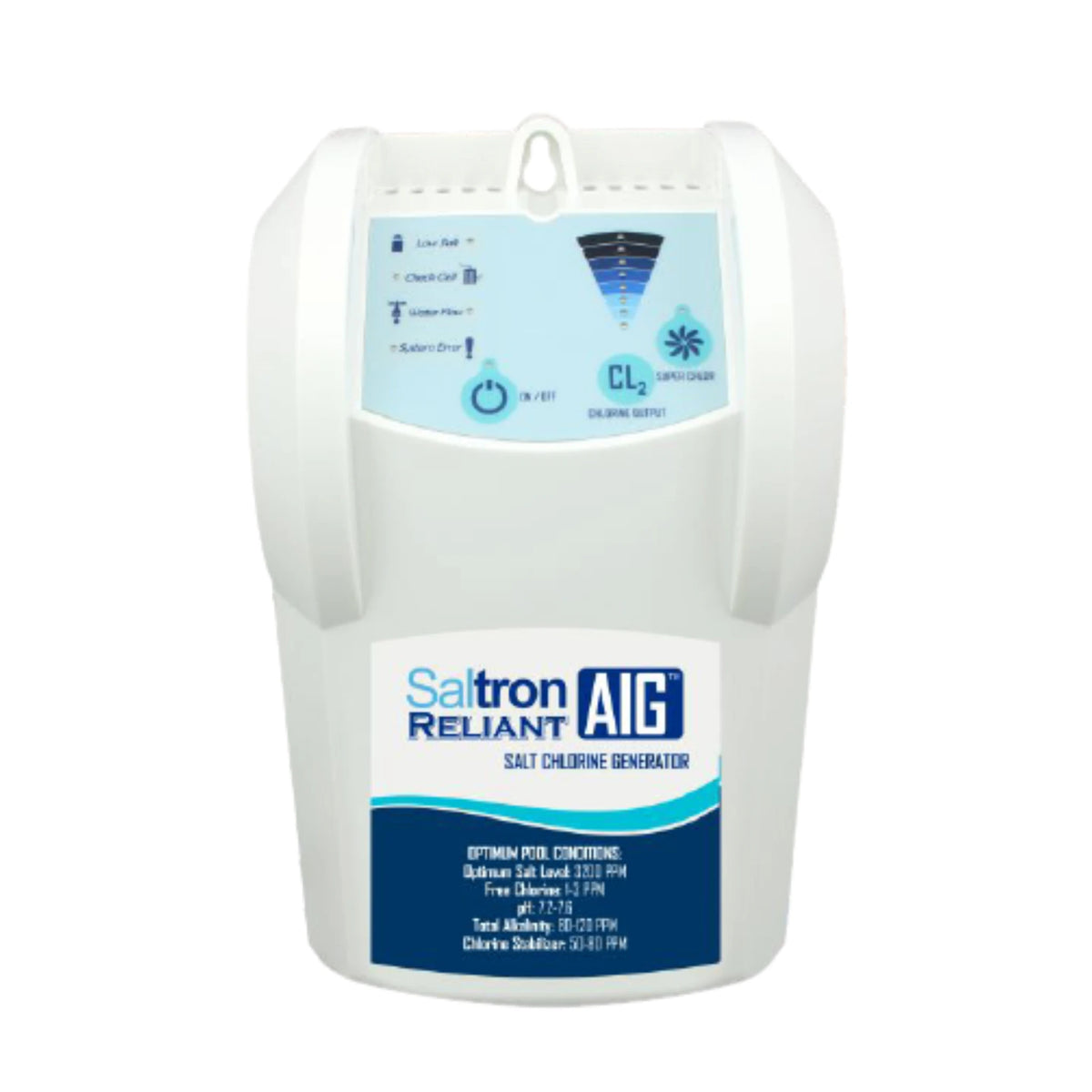 Solaxx Saltron Reliant AIG salt chlorine generator control box, front view on a plain background