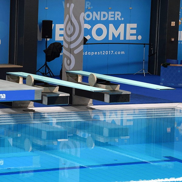 Duraflex short diving stand — boards on short stands at a competition venue