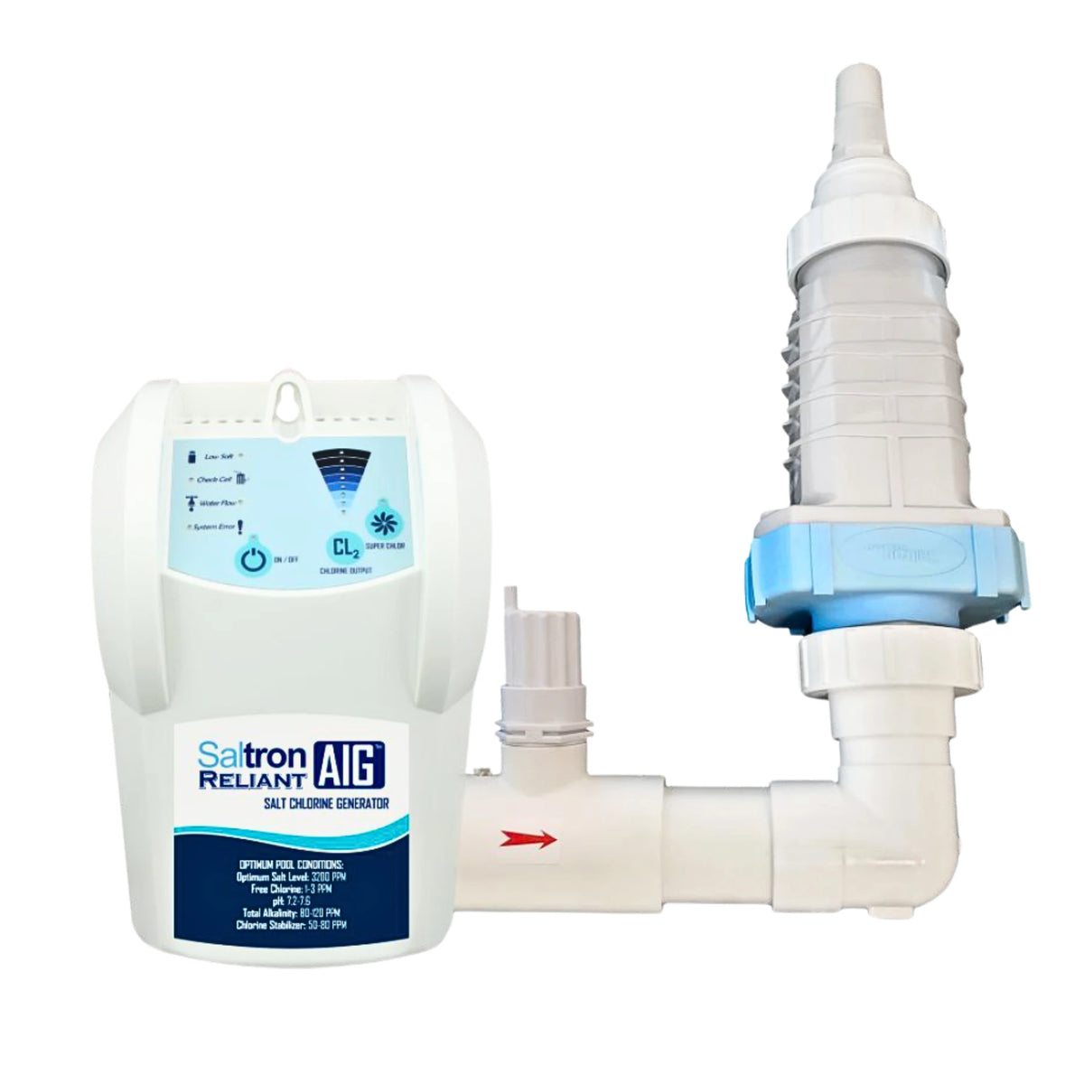 Solaxx Saltron Reliant AIG control box joined to the salt cell with union fittings