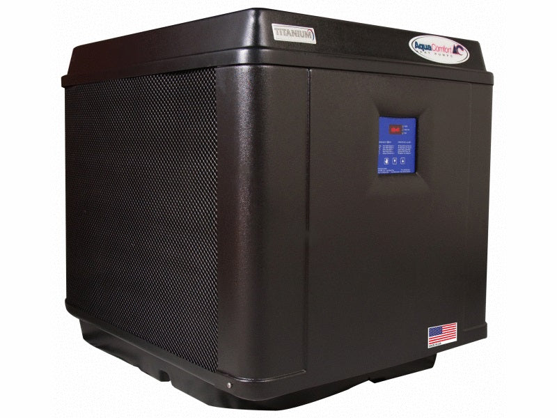 AquaComfort ACT-1750 pool heat pump, right three-quarter view showing the coil grille
