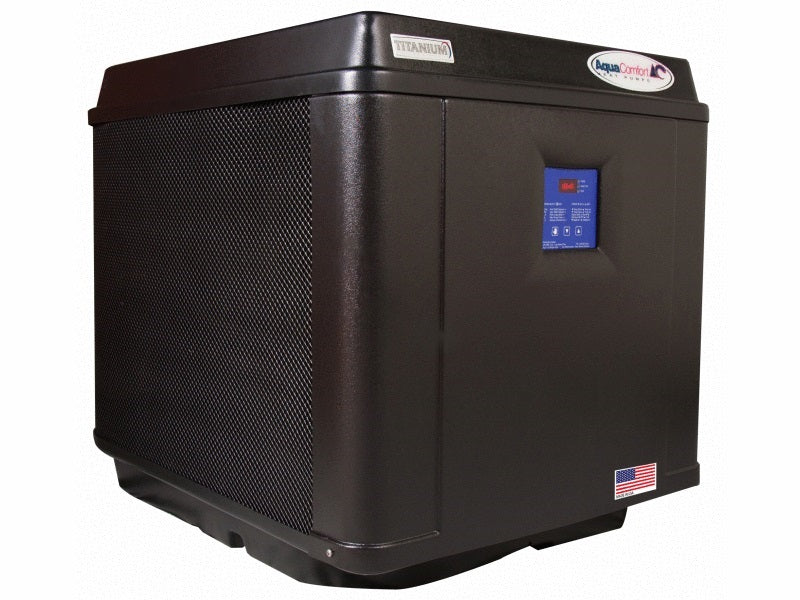AquaComfort ACT-1750 pool heat pump, left three-quarter view with the control display panel