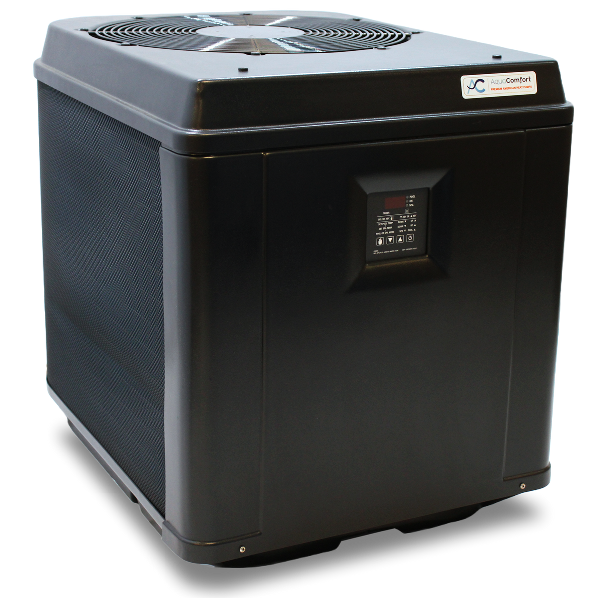 AquaComfort Signature XL pool heat pump, front three-quarter view of the cabinet and top fan grille