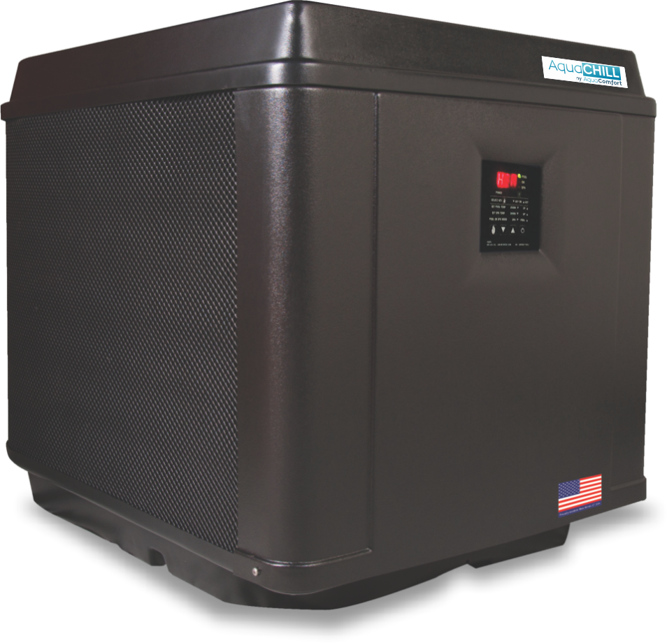 AquaComfort AquaChill pool chiller, side view showing the control display and cabinet vents