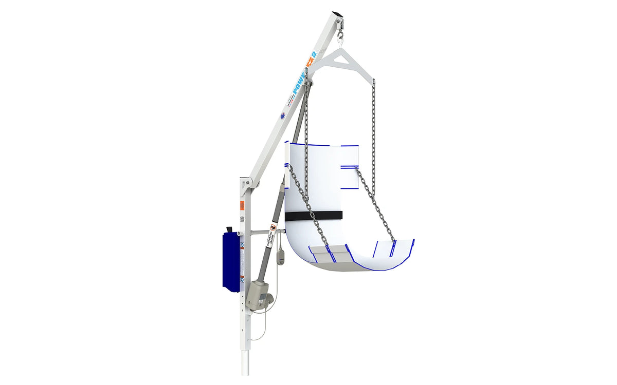 Aqua Creek Power EZ 2 pool lift — mast, arm and mesh sling, side view