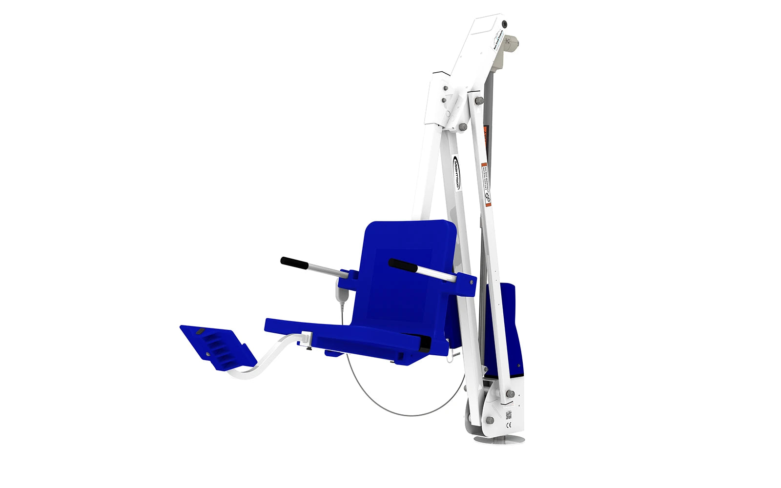 Aqua Creek Mighty 600 ADA pool lift — white frame with blue seat, three-quarter view