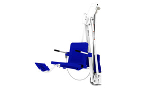 Aqua Creek Mighty 600 ADA pool lift — white frame with blue seat, three-quarter view