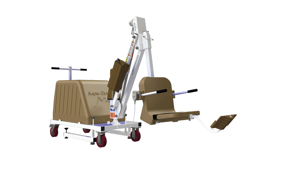Aqua Creek Mighty Voyager pool lift — side view with casters