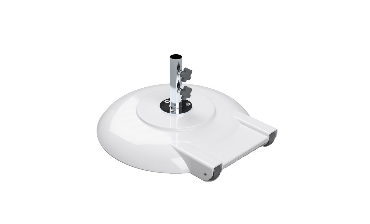Ledge Lounger aluminum umbrella base, 100 lb white with wheels and 8 in stem