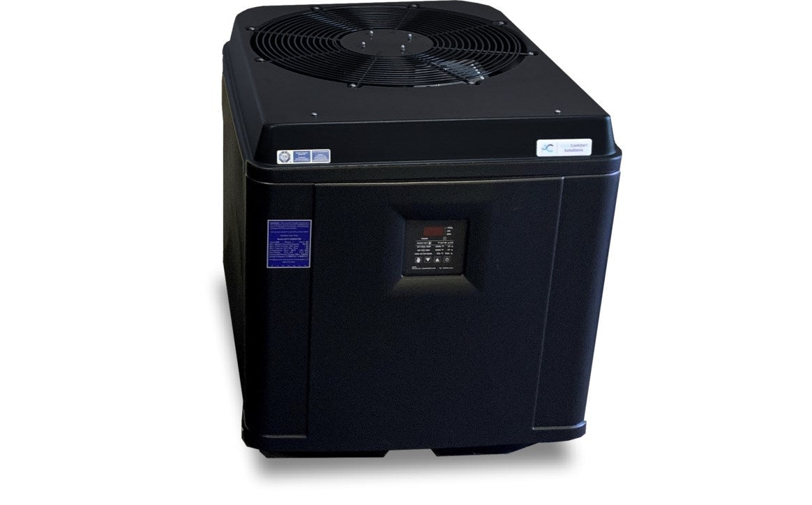 AquaComfort ACT-1250HC pool heat pump and chiller, angled view showing the top discharge fan
