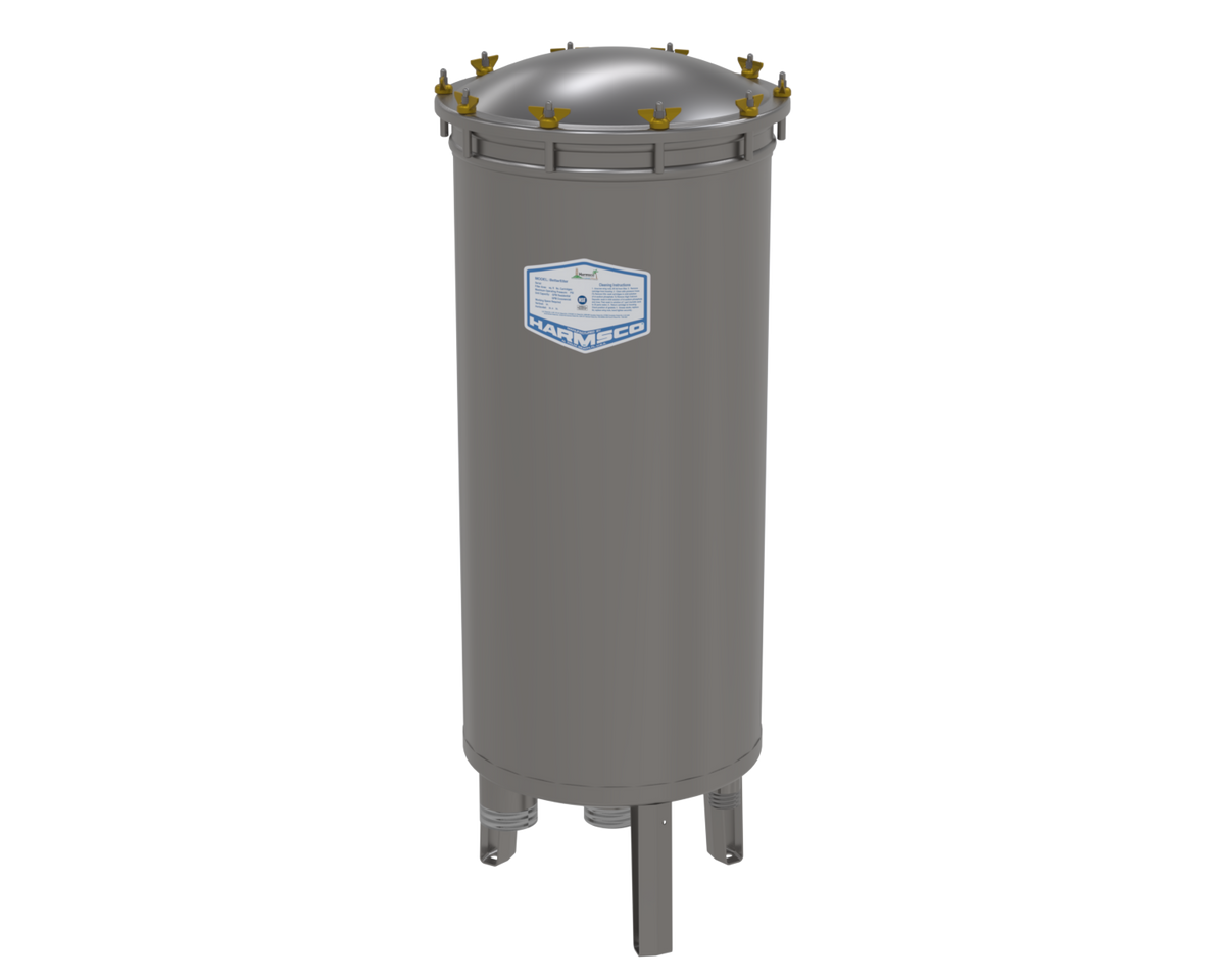 Harmsco BetterFilter BF600 stainless commercial cartridge pool filter, front three-quarter view