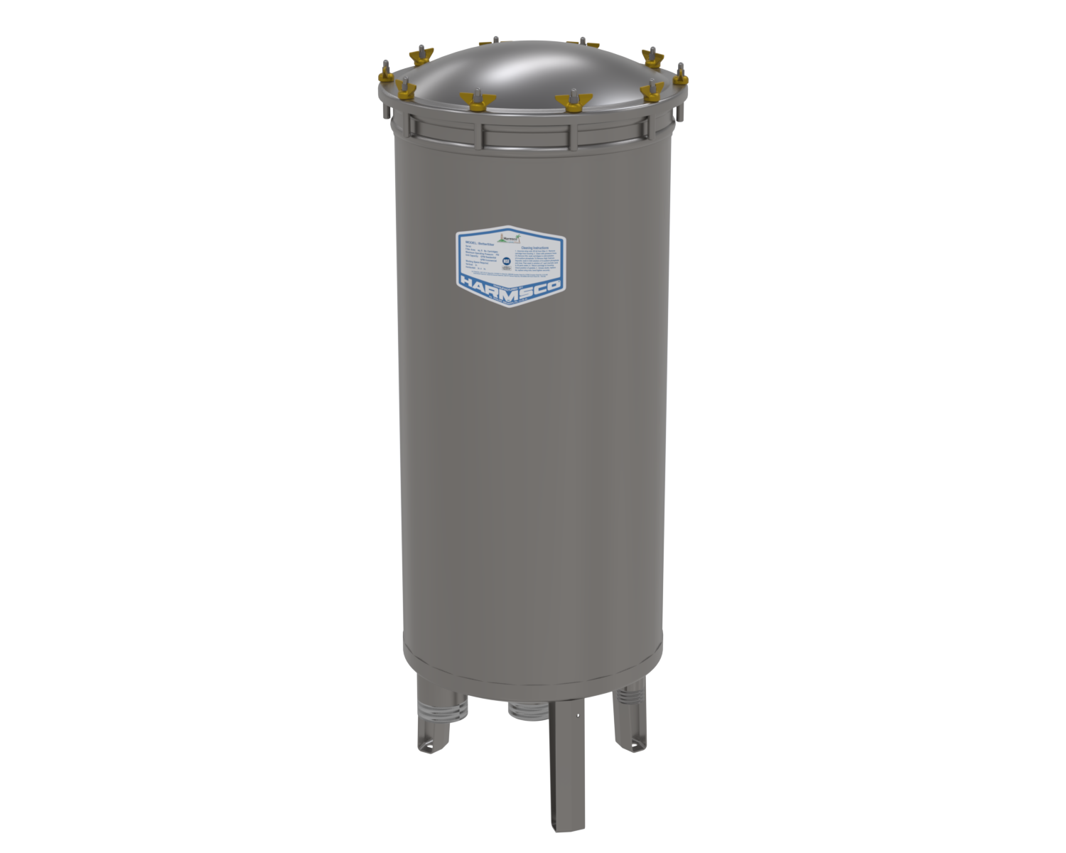 Harmsco BetterFilter BF600 stainless commercial cartridge pool filter, front three-quarter view