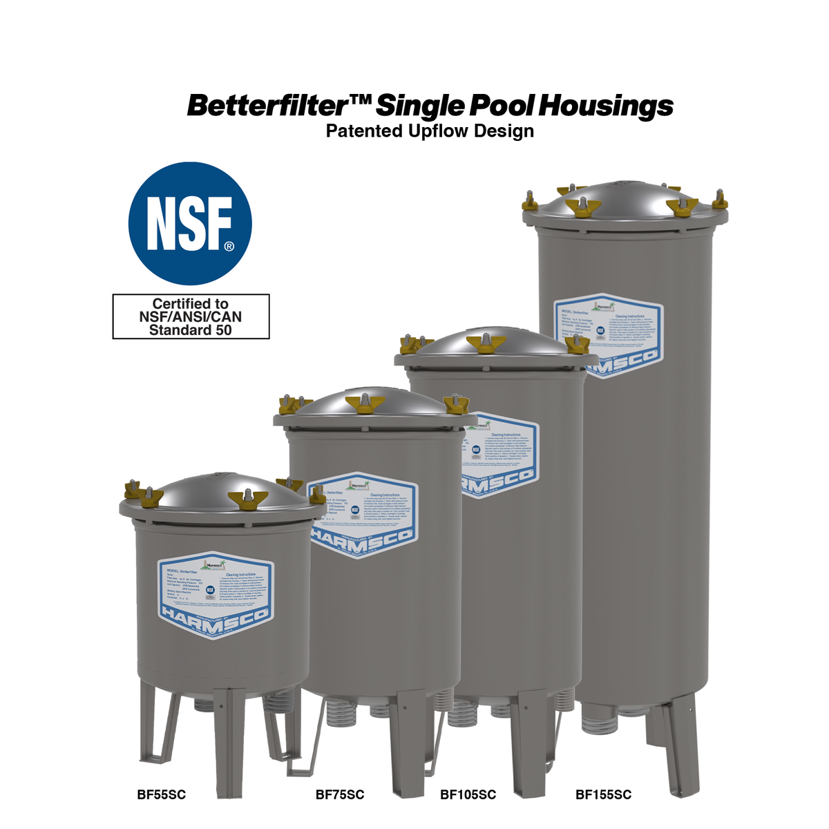Harmsco BetterFilter single pool housings BF55SC to BF155SC side by side