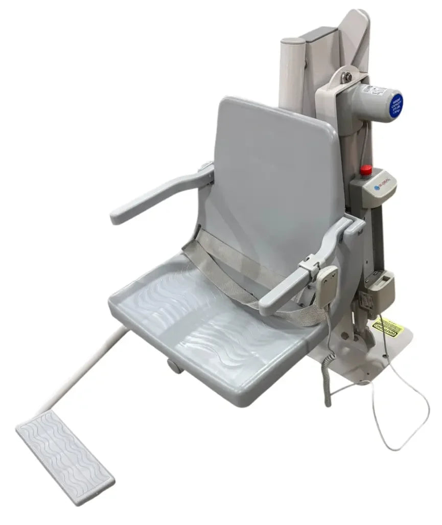 Global Pool Products C-375 ADA pool lift – front three-quarter view, grey seat, stainless frame