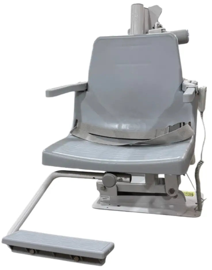 Global Pool Products C-450 ADA pool lift – front three-quarter view, grey seat, stainless frame
