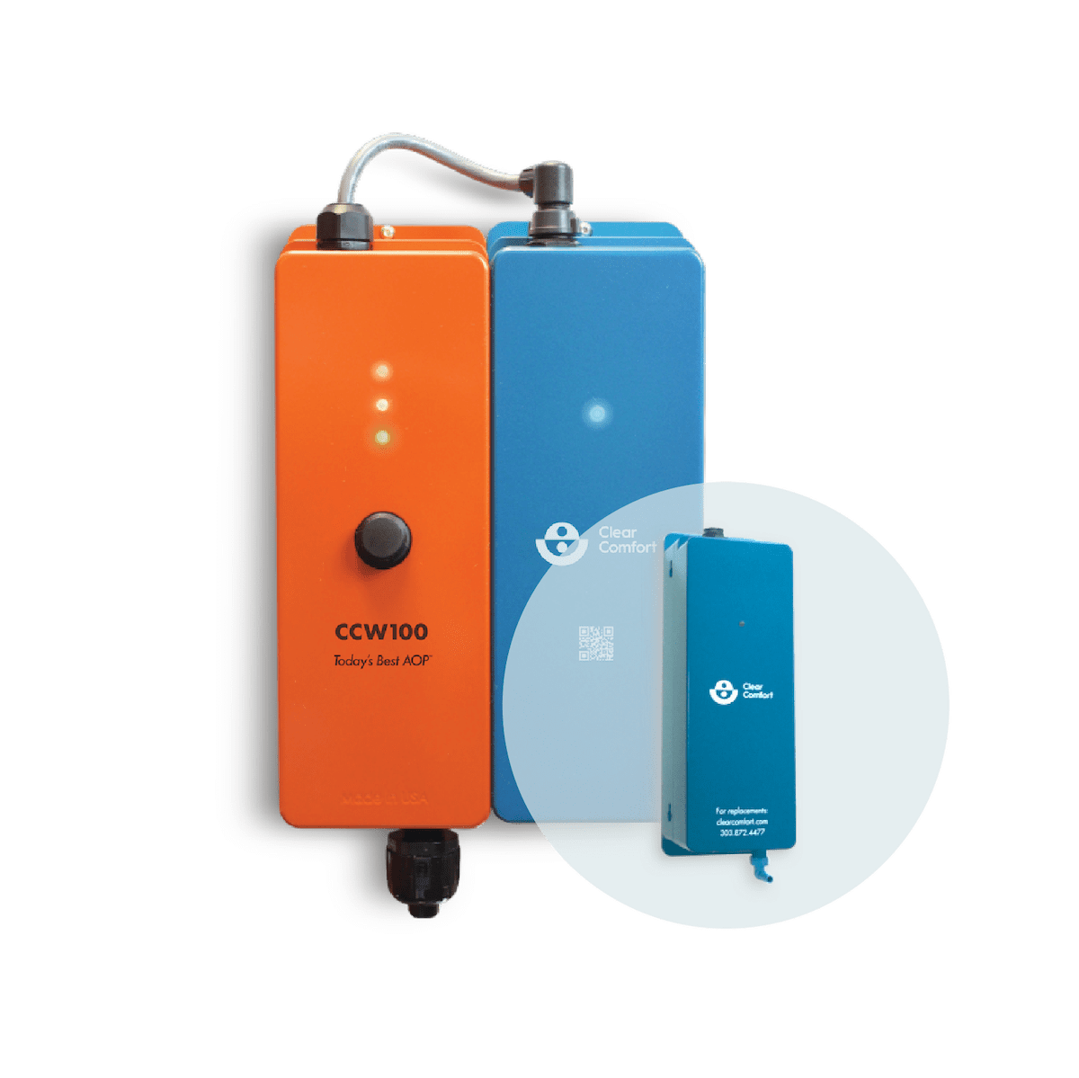 Clear Comfort CCW100 AOP pool system with the annual replacement cartridge unit called out
