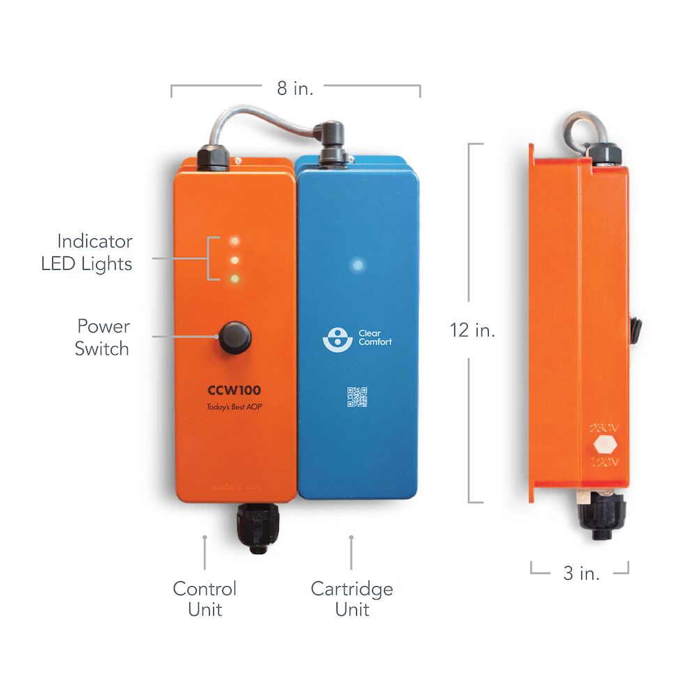 Clear Comfort CCW100 AOP pool system dimension drawing, 12 in high by 8 in wide by 3 in deep