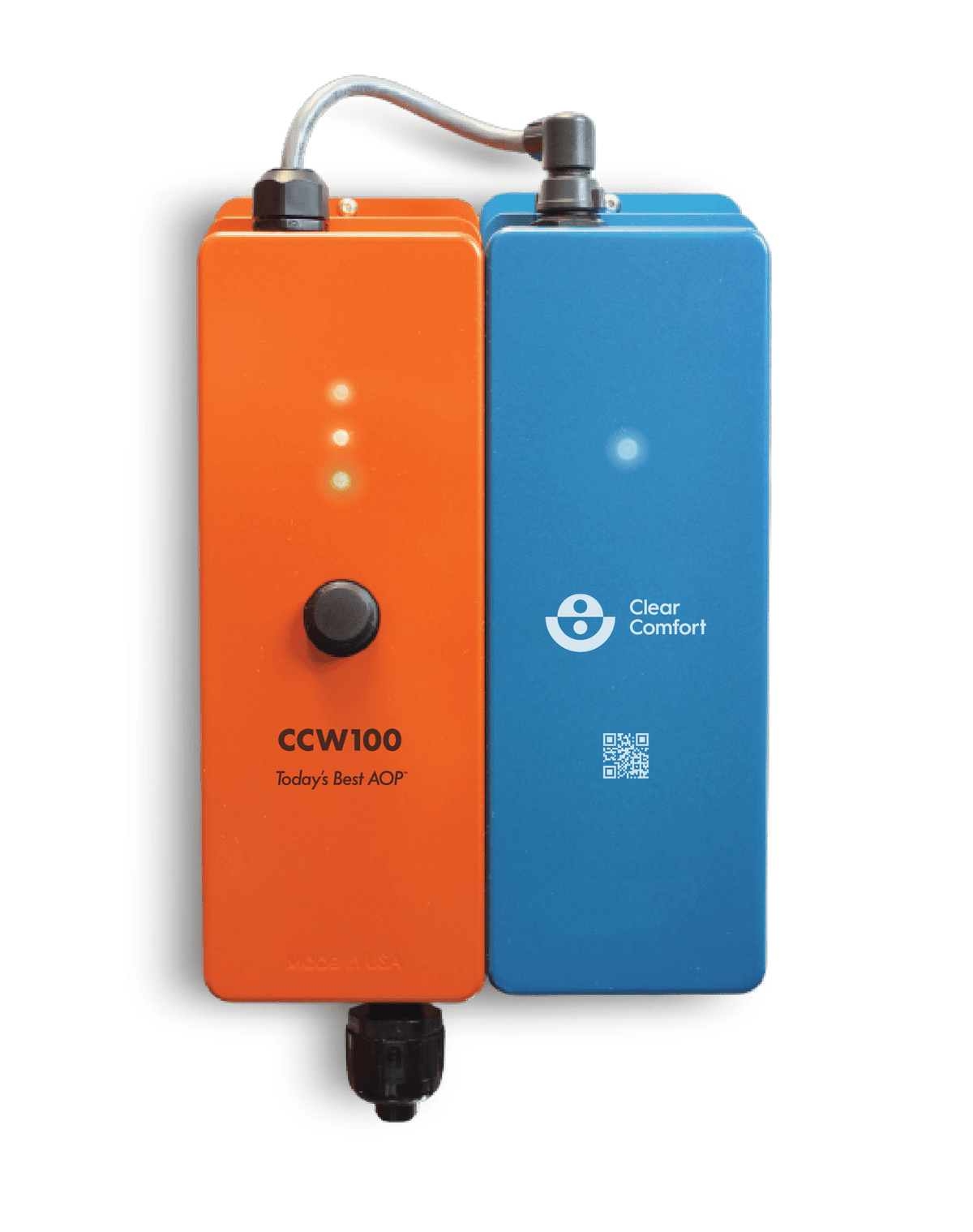 Clear Comfort CCW100 AOP pool system, orange control unit and blue cartridge unit, front view
