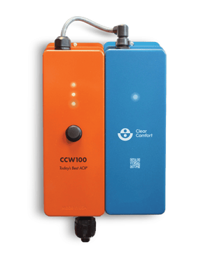 Clear Comfort CCW100 AOP pool system, orange control unit and blue cartridge unit, front view