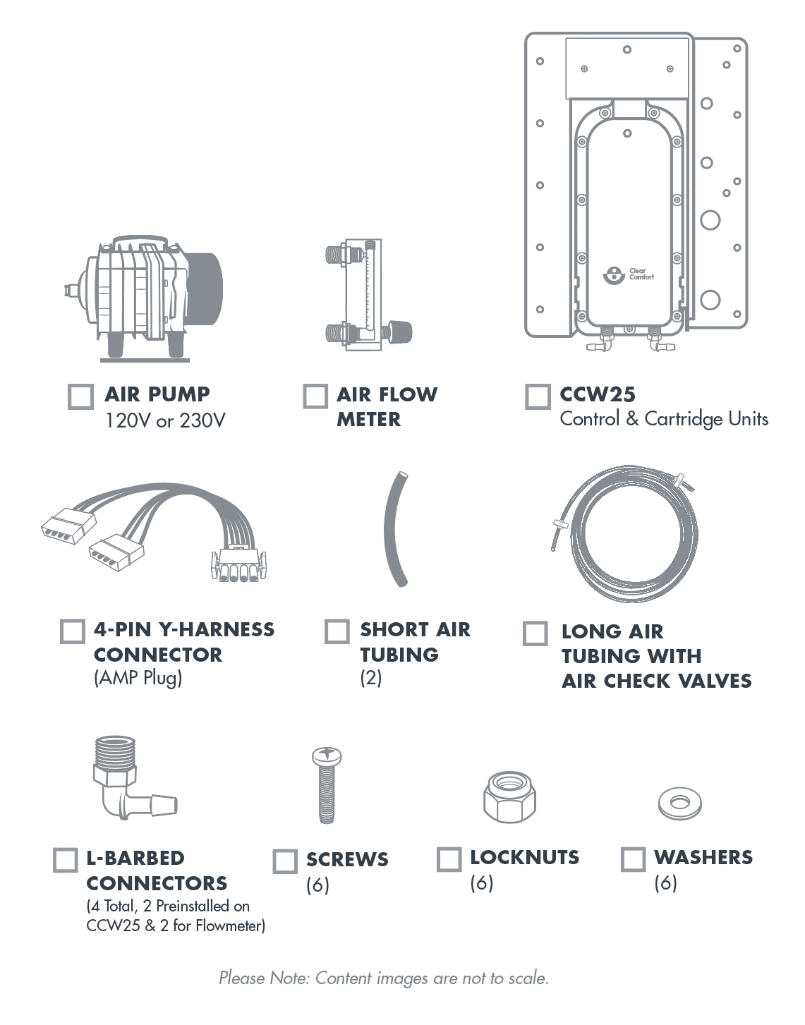 Clear Comfort CCW25 AOP spa system install kit contents including flow meter, check valve and connectors