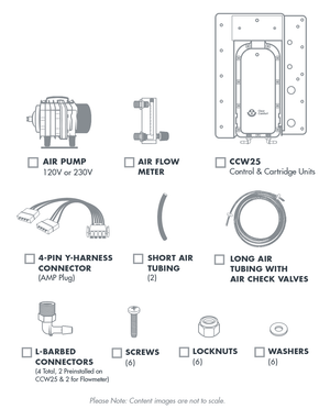 Clear Comfort CCW25 AOP spa system install kit contents including flow meter, check valve and connectors