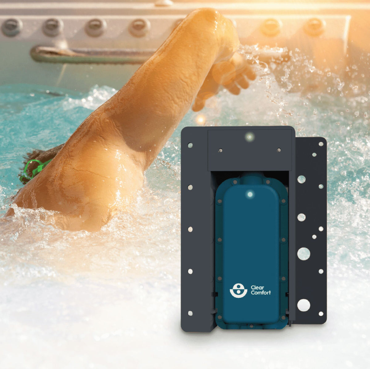Clear Comfort CCW25 AOP system treating a swim spa with crystal clear water