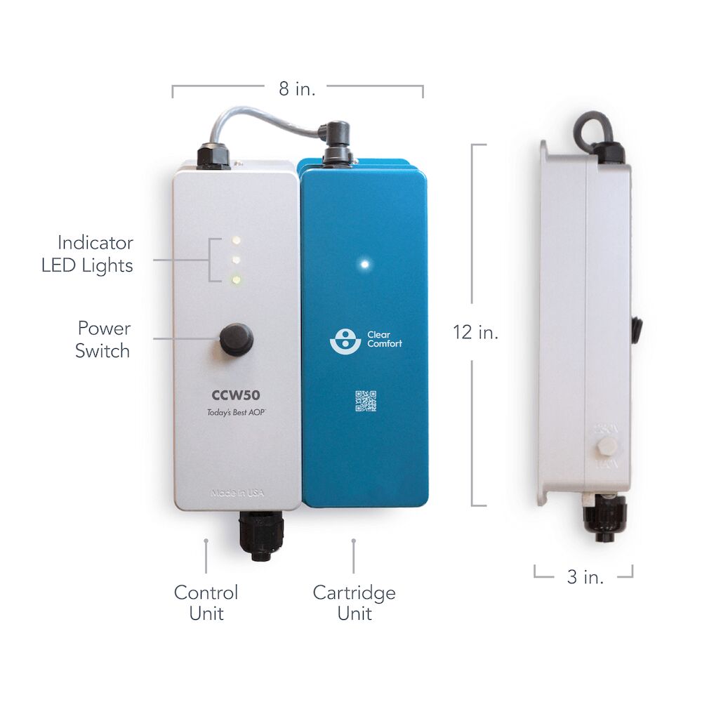 Clear Comfort CCW50 AOP system dimension drawing, 12 in high by 8 in wide by 3 in deep