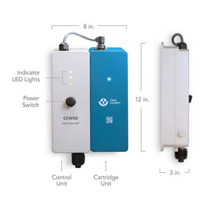 Clear Comfort CCW50 AOP system dimension drawing, 12 in high by 8 in wide by 3 in deep