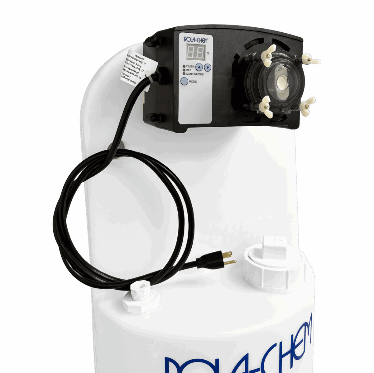 15 Gallon Chemical Tank with Pro Series 300 Metering Pump — the metering pump and tubing mounted on the tank lid