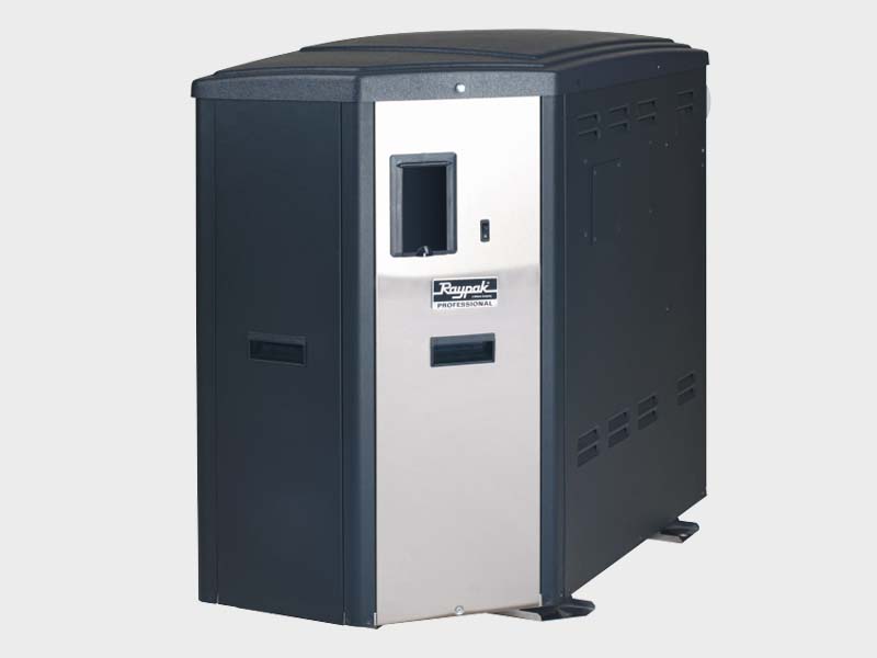 Raypak Professional Series X94 condensing gas pool heater, front view of the ASME cabinet