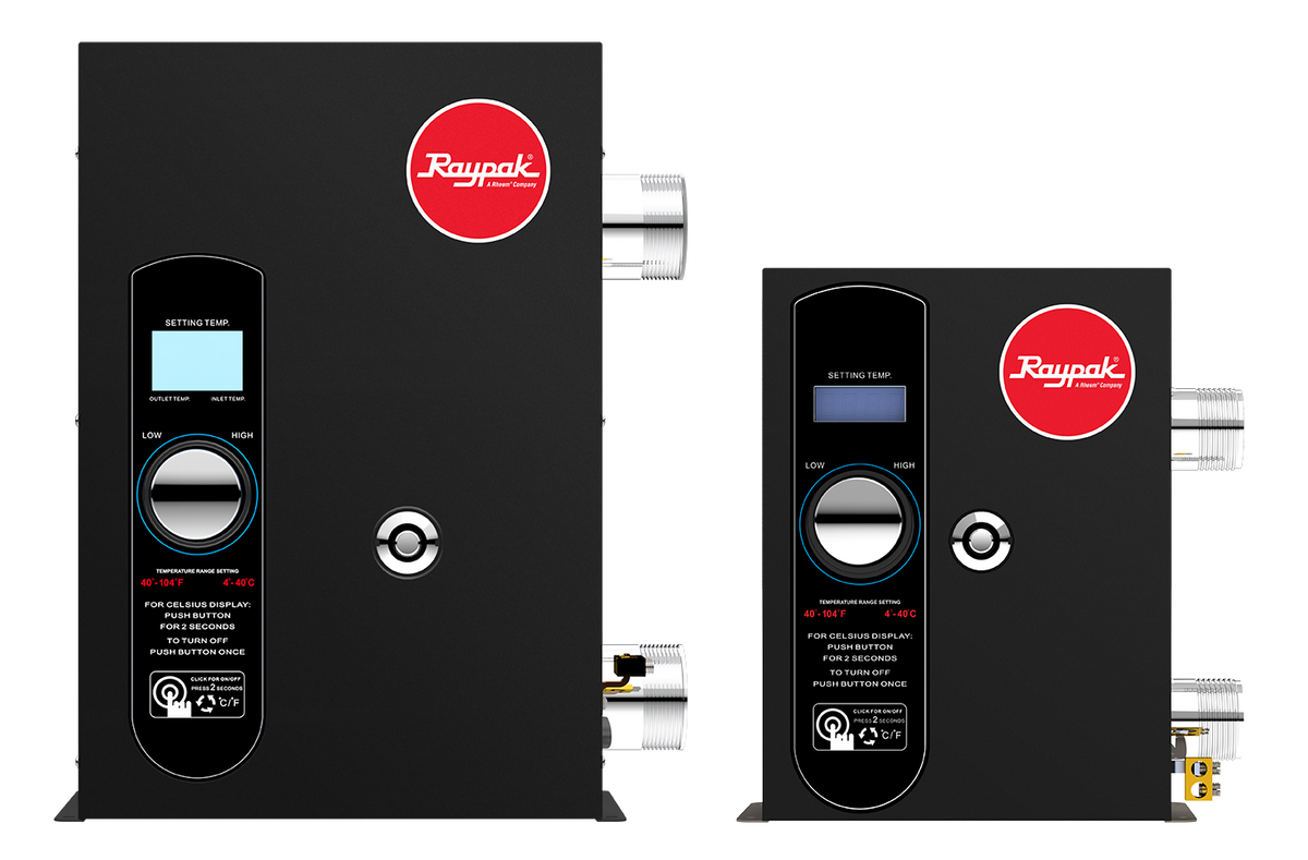 Raypak E3T single phase electric heaters shown in the 5.5 kW and 18 kW cabinet sizes